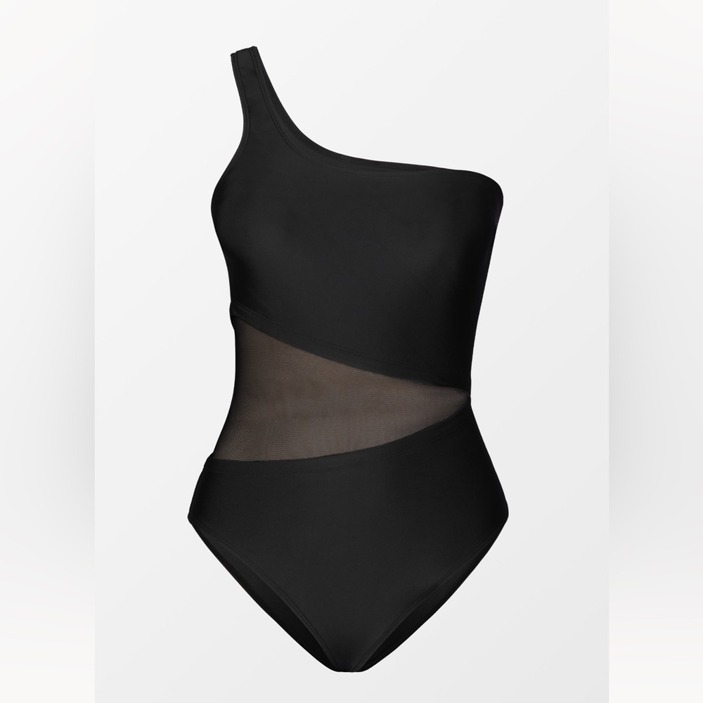 NWT Cupshe black one piece swimsuit, one shoulder and mesh insert, sz S